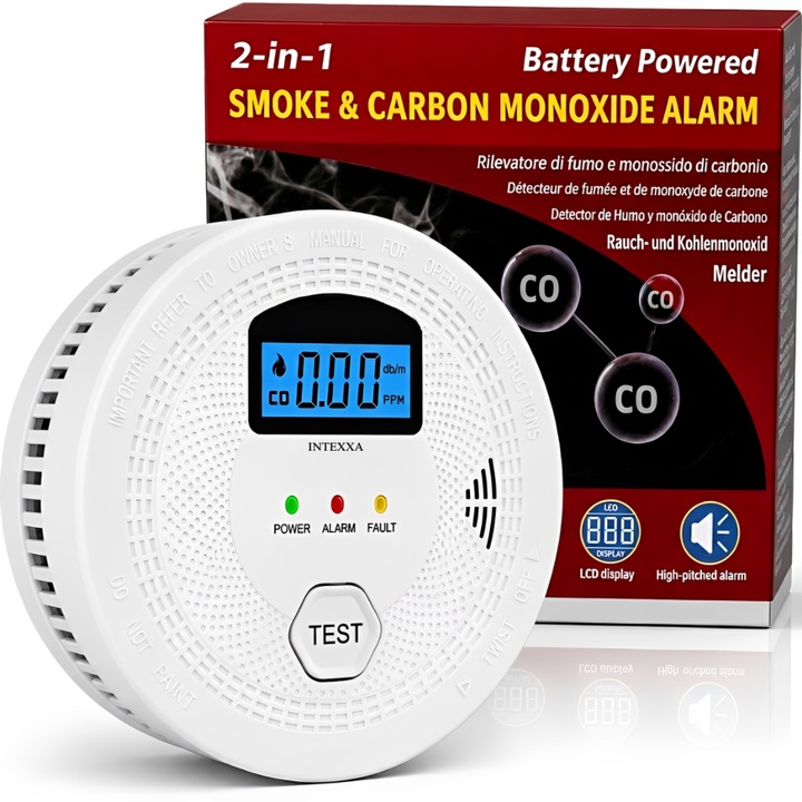 Detector 2 in 1 Monoxid carbon si Senzor Fum INTEXXA®, Senzori Detectie Duali, Display LCD cu Monitorizarea Concentratiei de Gaz in Timp real, Indicator Stare led, Avertizare sonora, Alimentare baterii, Alb