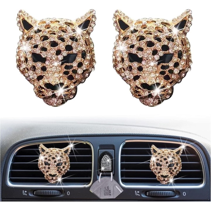Set 2 clipsuri aerisire auto leopard auriu cu strasuri