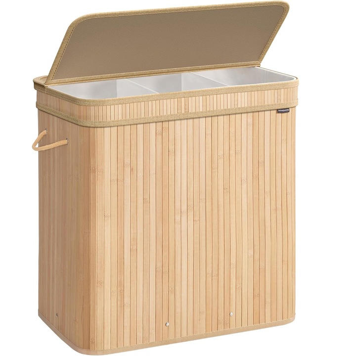 SONGMICS кош за пране 63x42x61 см, 150L, сгъваем с капак и чанта за пране, бамбук и текстил, естествено бежово