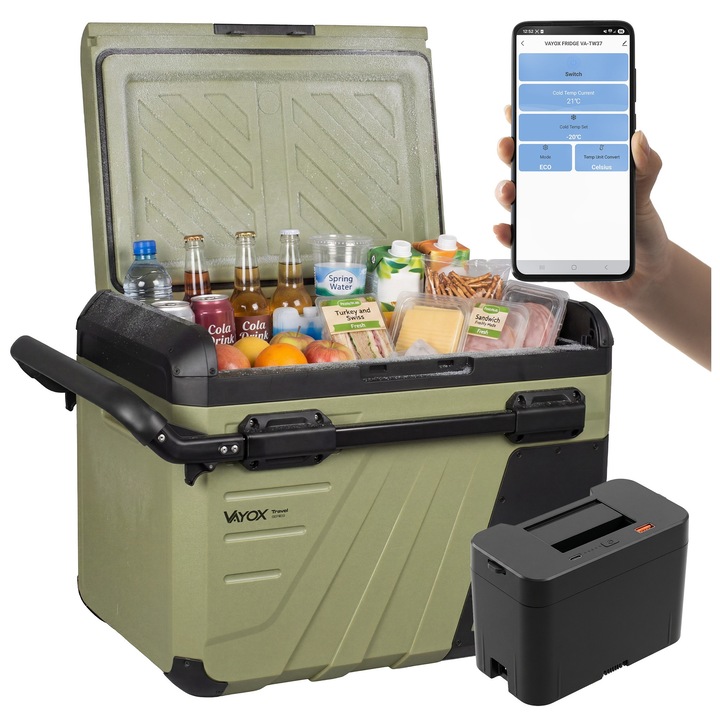 Frigider Portabil auto cu compresor + Baterie Vayox VA-TW37 Expedition Pro Series, pe roti, 35L 65W, 2 compartimente, Silentios, Verde