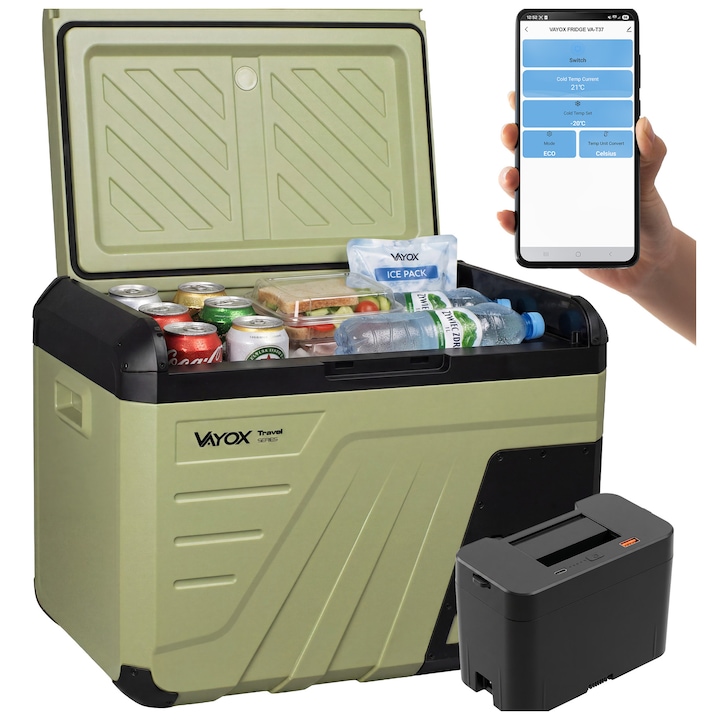 Frigider Portabil auto cu compresor + Baterie Vayox VA-TW37 Expedition Pro Series, 35L, 65W, 2 compartimente, Silentios, Verde