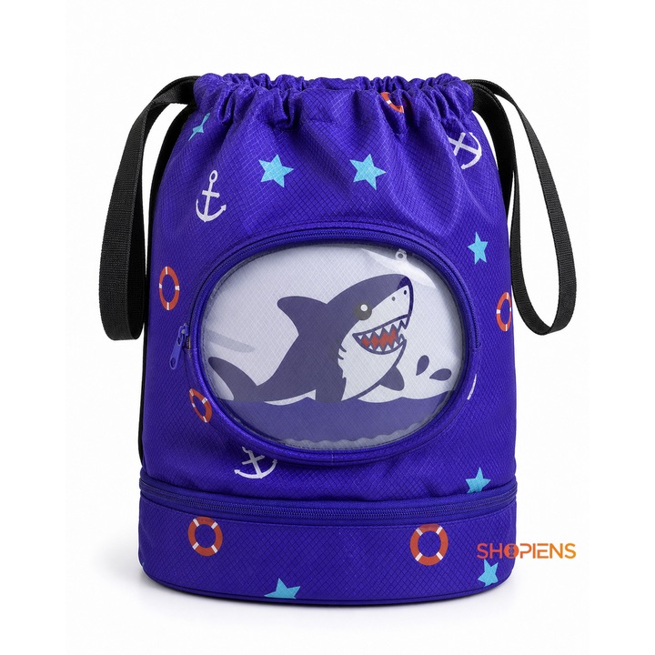 Rucsac Inot Baieti Albastru 34x37cm Model Rechin Tematica Marina Sac Sport Cu Snur Buzunar Transparent Compartiment Pantofi Piscina Plaja Vacanta Excursii Activitati