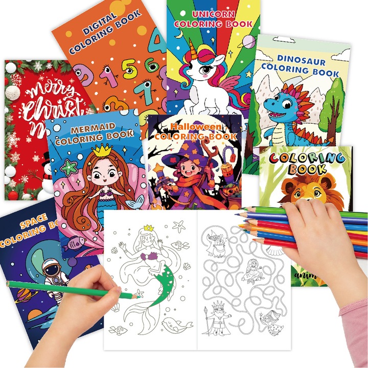 Set 8 carti de colorat copii tematica multicolor 21x29.7cm