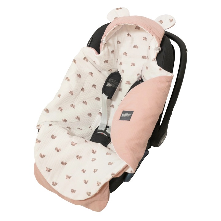 Paturica Bellochi din Muselina pentru Scoica Auto si Carucior, 90x90cm, Bumbac Natural Respirabil, Compatibila Centuri 3 si 5 Puncte, Buzunar Picioare si Gluga, Protectie Primavara-Vara, Antialergica