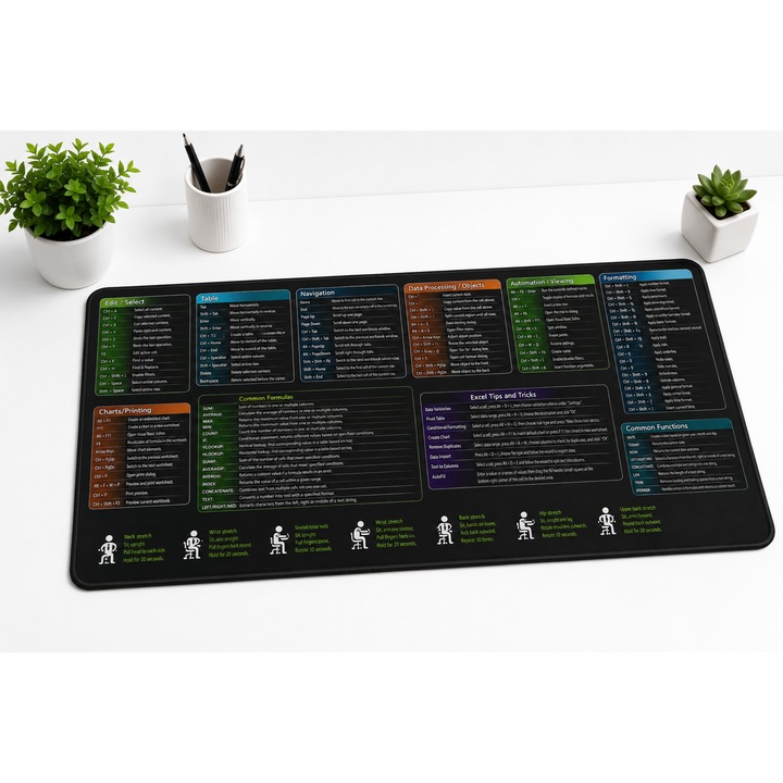 Csúszásgátló XXL egérpad 90 x 40 cm, Excel képletekkel és billentyűparancsokkal, egérhez és billentyűzethez, Fekete
