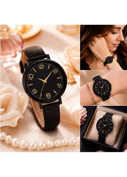 Luxury Black, Minimalist Elegant, Fekete női karóra, keskeny műbőr szíjjal