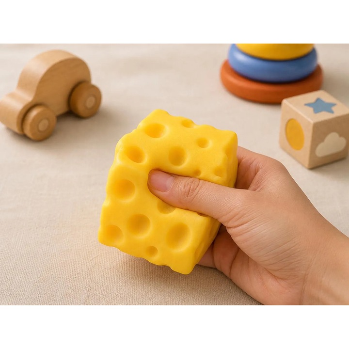 Jucarie Squishy Branza, moale, 6cm, galben