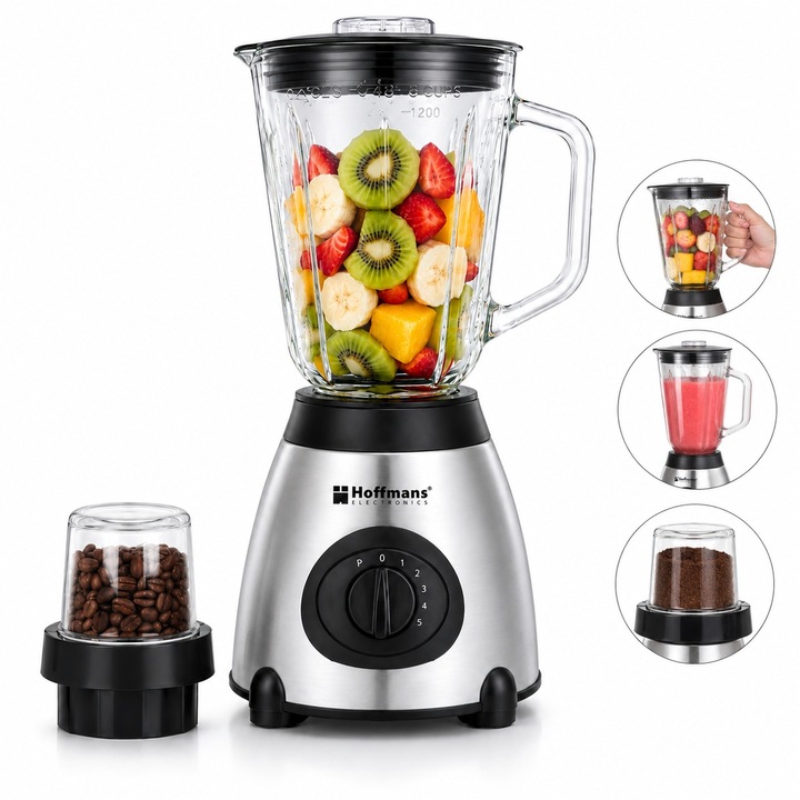 Blender 2 in 1 Hoffmans, Recipient Sticla 1.5L, Tehnoligie ProBlend, Rasnita Inclusa, Argintiu