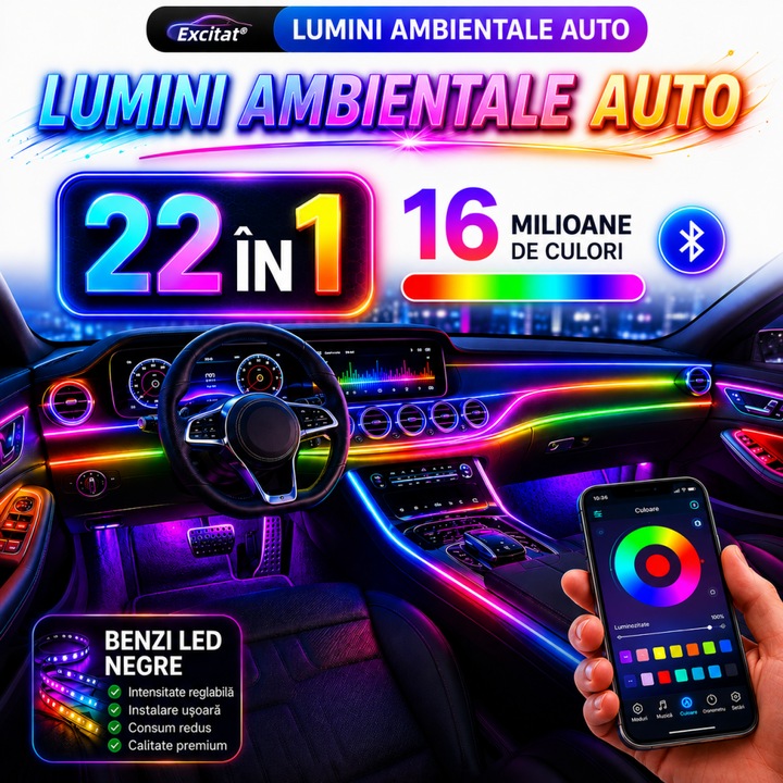 Автомобилни амбиентни светлини 22 в 1, Excitat®, Система за амбиентно осветление за кола, RGB акрилни ленти, 64 цвята регулиране, регулиране на яркостта, гласов контрол на музиката, множество режими, контрол чрез мобилен телефон, универсални за автомобили