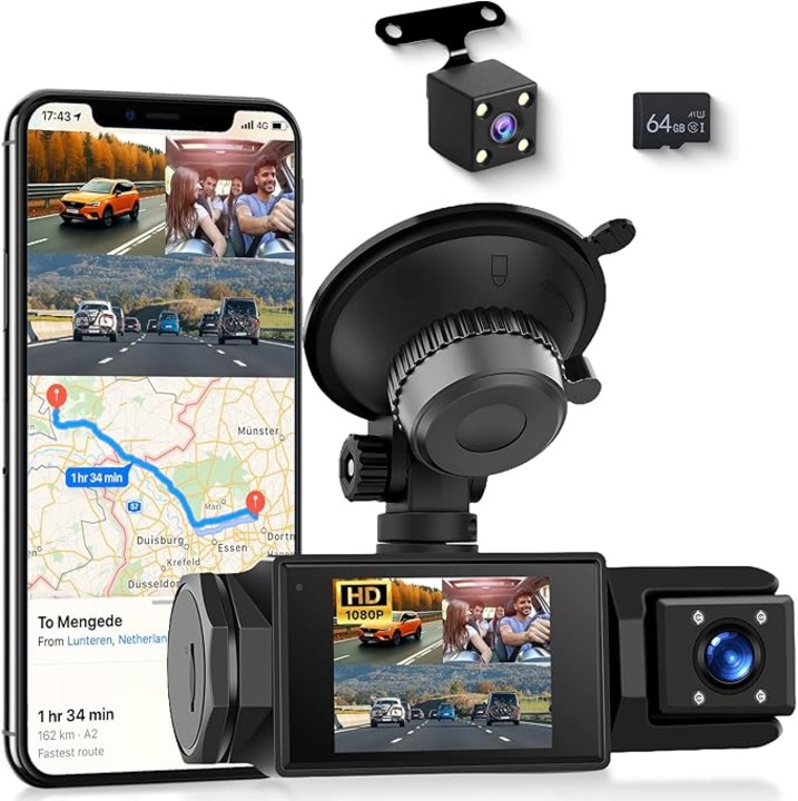 Vezeték nélküli 3 csatornás autós kamera, Full HD 1080P, 2" IPS kijelző, éjjellátó, 64GB, fekete