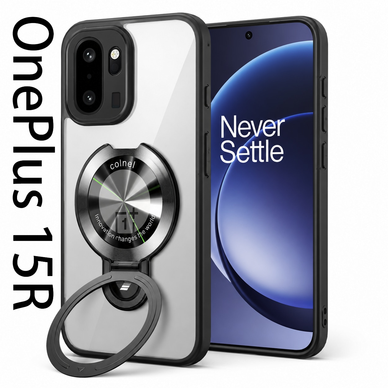 Husa pentru Oneplus 15R/Oneplus ACE 6 5G/ACE 6T 5G, Cu Suport Magnetic si Inel, TPU Antisoc, Protectie Camera Foto Suprainaltata, Negru Transparent