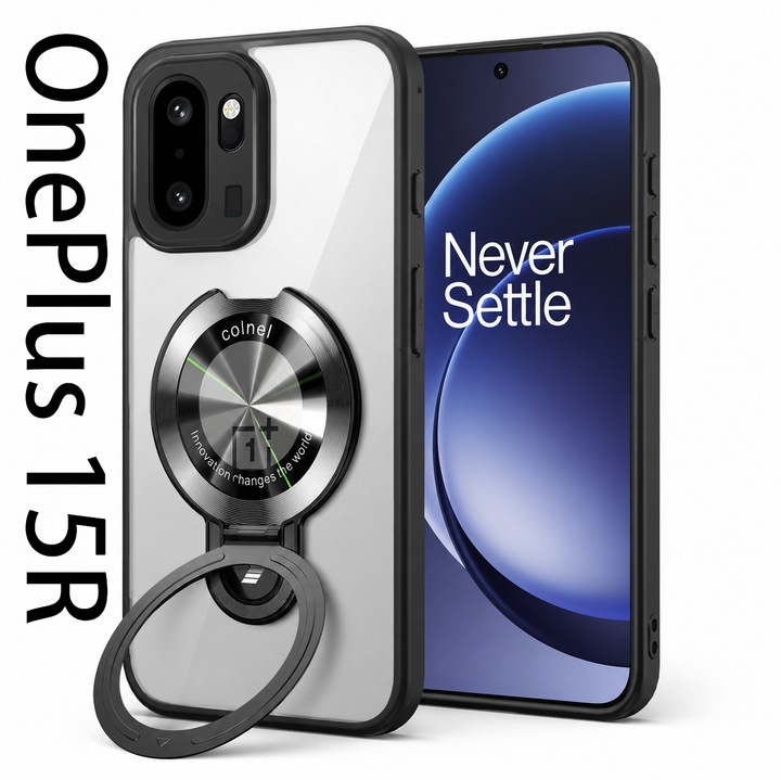 Husa pentru Oneplus 15R/Oneplus ACE 6 5G/ACE 6T 5G, Cu Suport Magnetic si Inel, TPU Antisoc, Protectie Camera Foto Suprainaltata, Negru Transparent