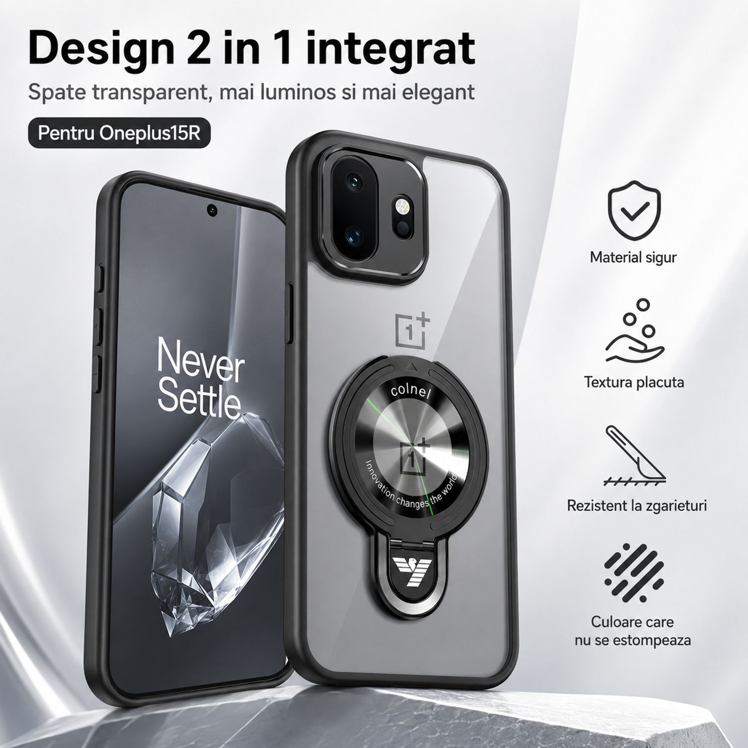 Husa pentru Oneplus 15R/Oneplus ACE 6 5G/ACE 6T 5G, Cu Suport Magnetic si Inel, TPU Antisoc, Protectie Camera Foto Suprainaltata, Negru Transparent