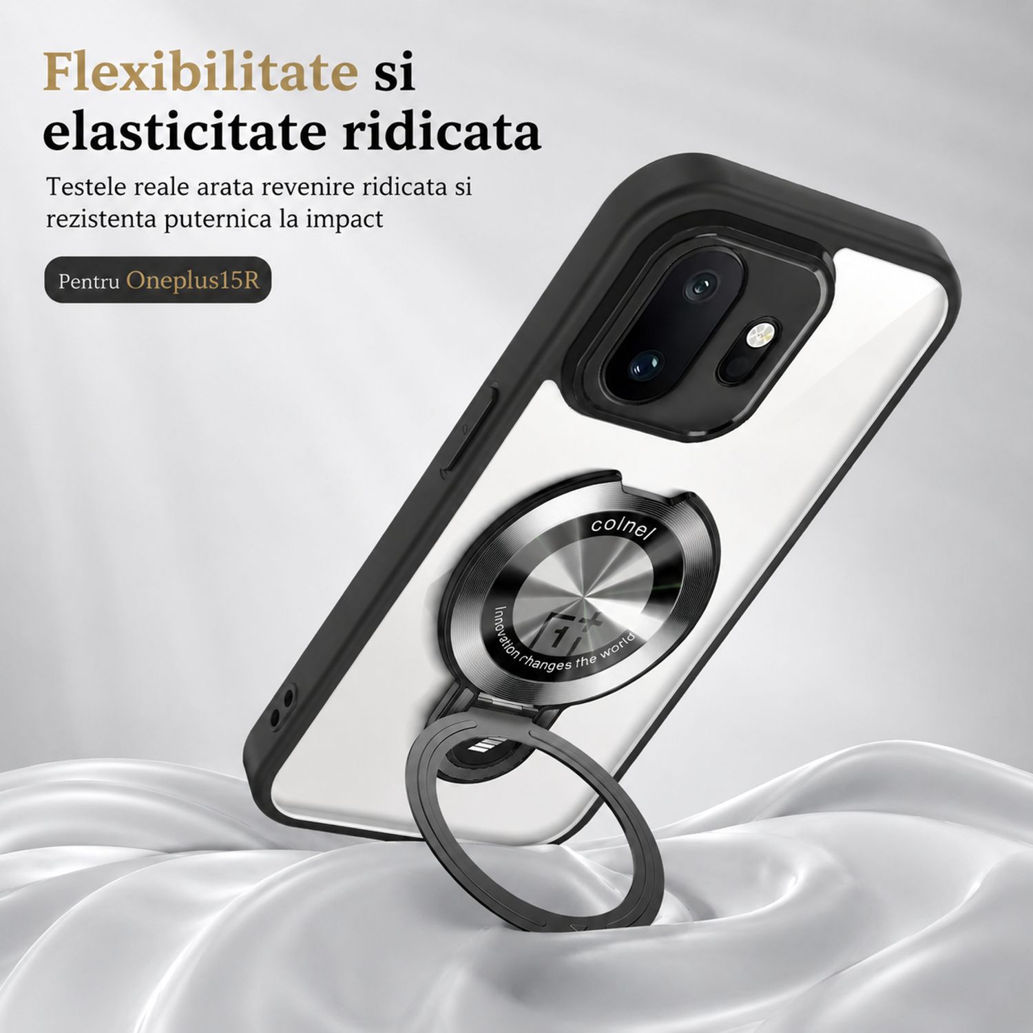Husa pentru Oneplus 15R/Oneplus ACE 6 5G/ACE 6T 5G, Cu Suport Magnetic si Inel, TPU Antisoc, Protectie Camera Foto Suprainaltata, Negru Transparent