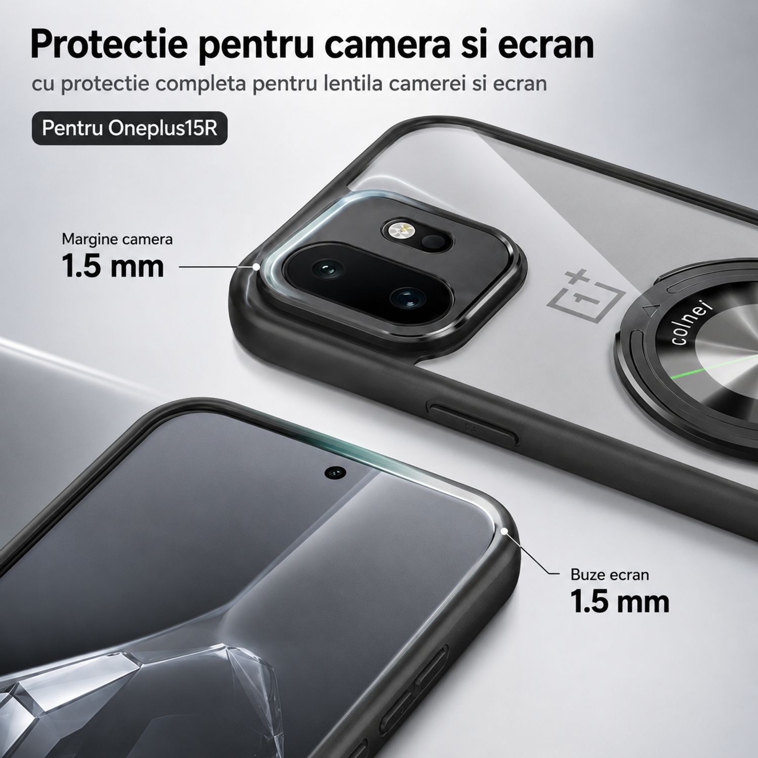 Husa pentru Oneplus 15R/Oneplus ACE 6 5G/ACE 6T 5G, Cu Suport Magnetic si Inel, TPU Antisoc, Protectie Camera Foto Suprainaltata, Negru Transparent