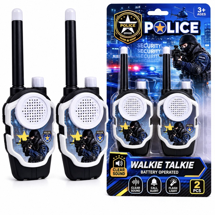 Set 2 Walkie Talkie Copii PinkBlue, Model Politie - SWAT, 20 cm, Lanterna Integrata, Comunicare pana la 500 m, 3+ Ani