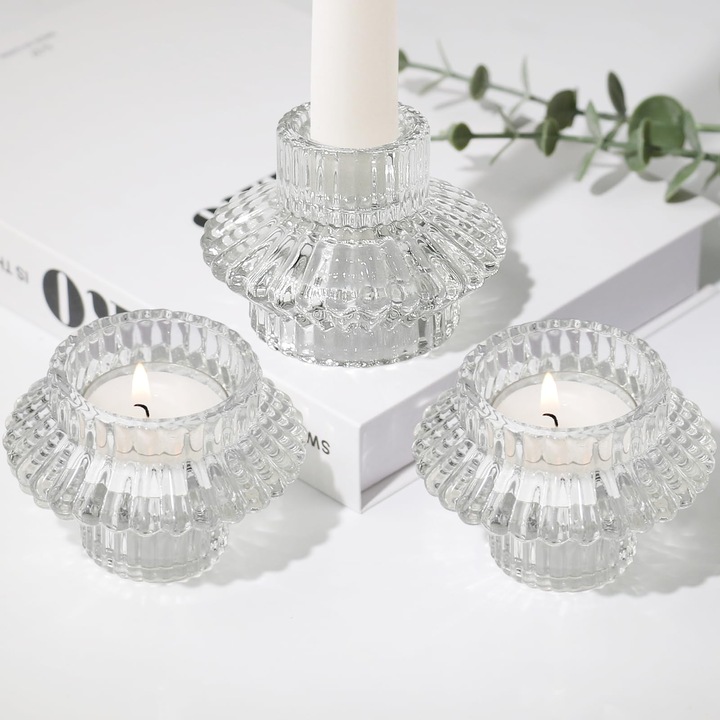 Set 3 suporturi lumanari sticla, dublu fata, transparent, 6x6x6cm