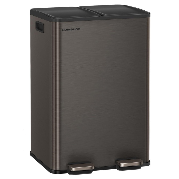 Кофа за боклук 2x30L, с 2 отделения, капак със затихващо затваряне и вътрешни кофи, стомана, антрацитно сиво