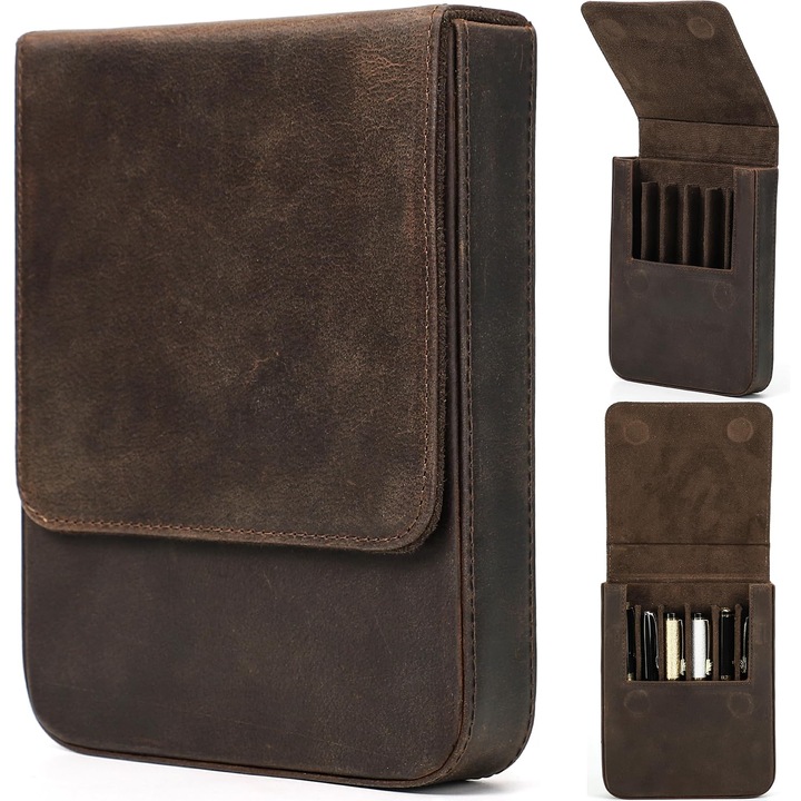 Penar piele naturala top-grain, vintage, maro mat, 13x16.5x3cm, 6 compartimente