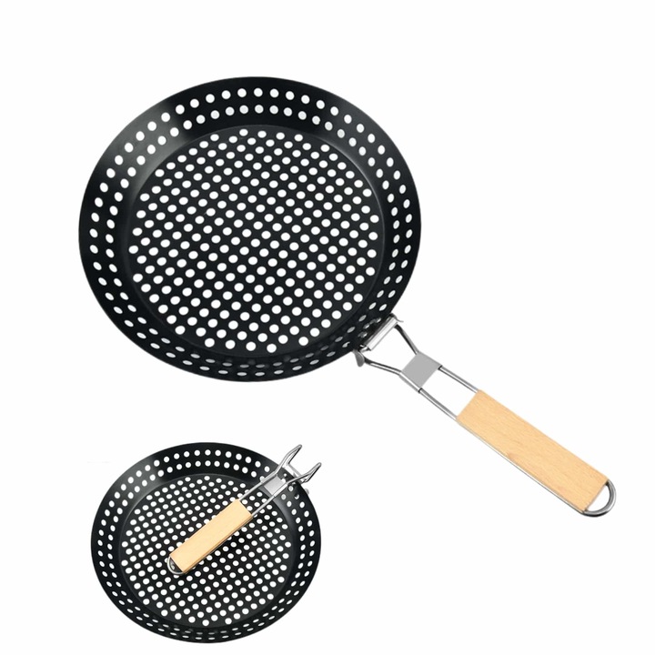 Grill serpenyő 30cm szén tapadásmentes bevonattal, összecsukható fa nyéllel, perforált