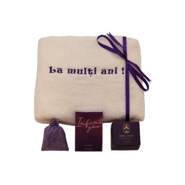 Infinita You Oriflame illatos ajándékszett 50 ml hímzett törölközővel 48x90 cm, Royal Velvet éjszakai krém 50 ml és levendulás tasak 20 g