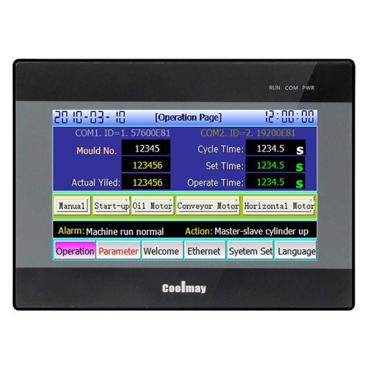 Ipari vezérlő PLC + HMI All-in-One Coolmay EX3S-8070H-44MRT, 24 digitális PNP bemenet, 20 hibrid kimenet, 7 hüvelykes érintőképernyő, 24V DC tápellátás