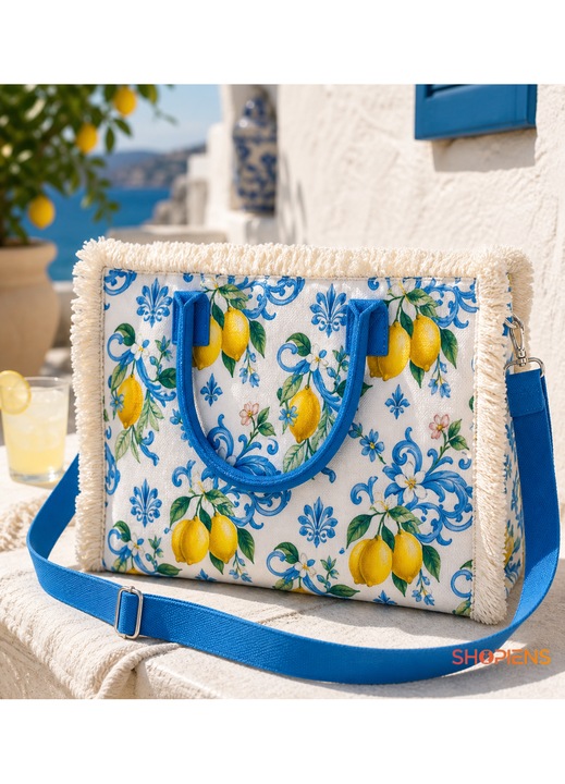 Geanta Dama Alba Cu Imprimeu Lamai Si Ornamente Albastre Tote Bag Textil Cu Fermoar Franjuri Bareta Reglabila Manere Scurte Pentru Plaja Vacanta Oras