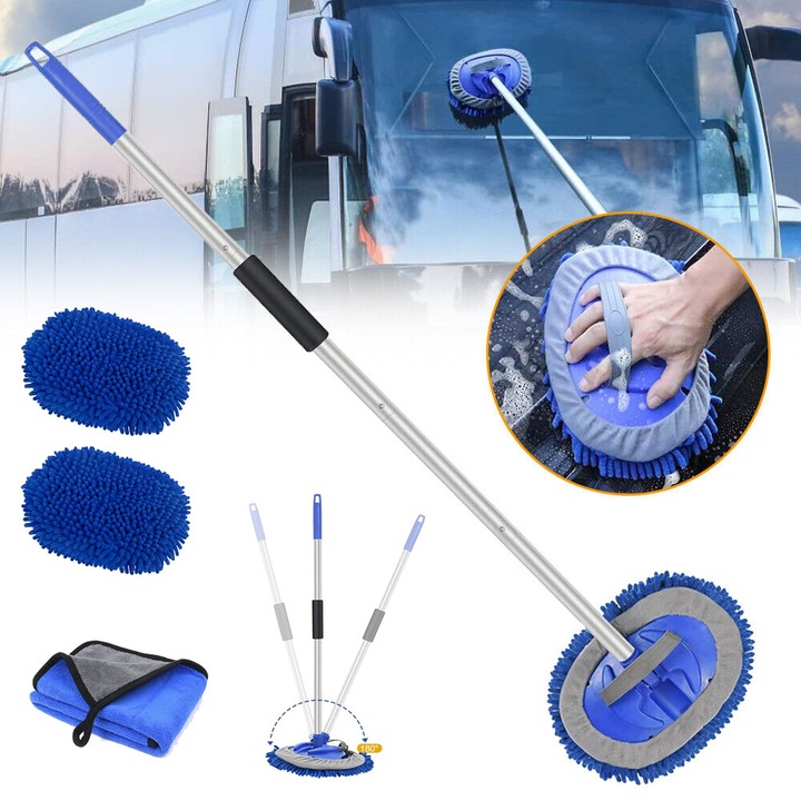 Perie De Spalare Auto De 160 cm Cu Maner Lung, Manusa De Curatare Extensibila Din Microfibra Pentru Curatarea Masinilor, Rulotelor Si Camioanelor, 2 Cap De Schimb Si Tija Din Aliaj De Aluminiu