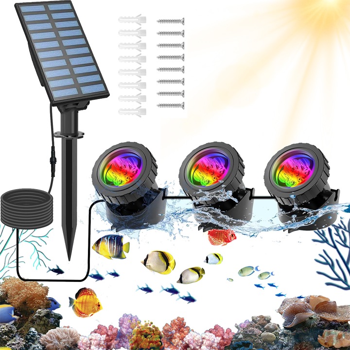 Bedee 3 az 1-ben napelemes tavi lámpák, RGB lámpák, A lámpafej 90°-ban állítható, Két üzemmód, Automatikus kapcsoló, IP68 vízálló, Kertbe, Medencébe, Madárfürdőbe, Akvárium dekorációhoz