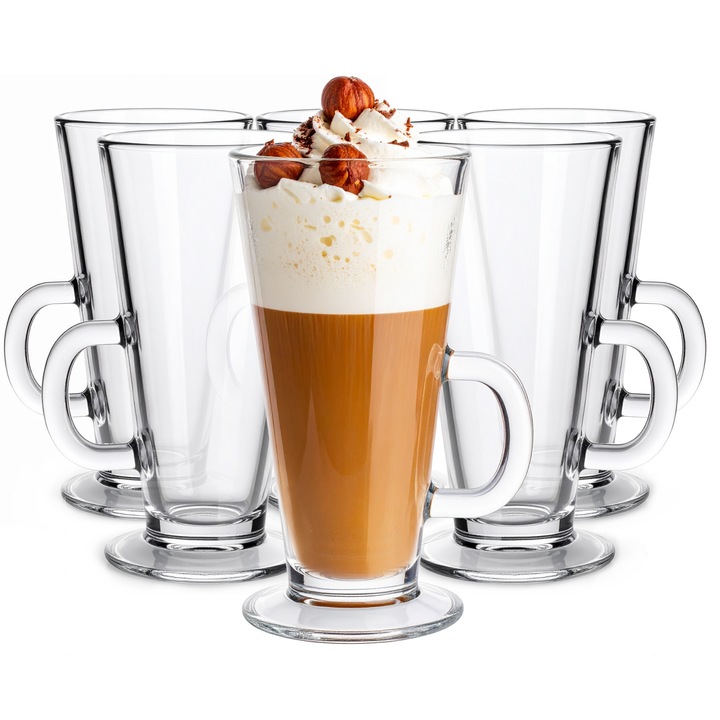 Set 6 Pahare din Sticla pentru Latte Macchiato si Irish Coffee, cu Toarta, 250 ml
