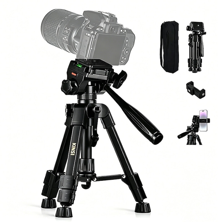 Професионален статив за снимки KINSI, за DSLR камера и телефон, регулируем статив с 360° сферична глава, включени държач за телефон и чанта, 30-63 см, алуминий + ABS, черен