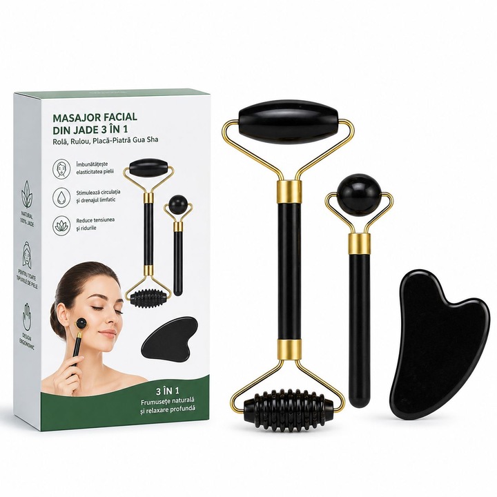 Set Masaj Facial din Jad 3 in 1, Rola Dubla, Roller pentru Ochi si Piatra Gua Sha, Efect Lifting si Drenaj Limfatic, Antirid si Relaxare Faciala, Negru