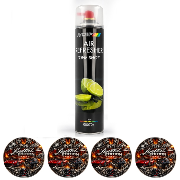 Odorizant Auto MOTIP Air Refresher One Shot, Parfum Citrus, Spray Profesional, Mascheaza Mirosurile Neplacute, Efect de Durata, pentru Masina si Spatii Interioare, 600 ml, 4x Stickere auto
