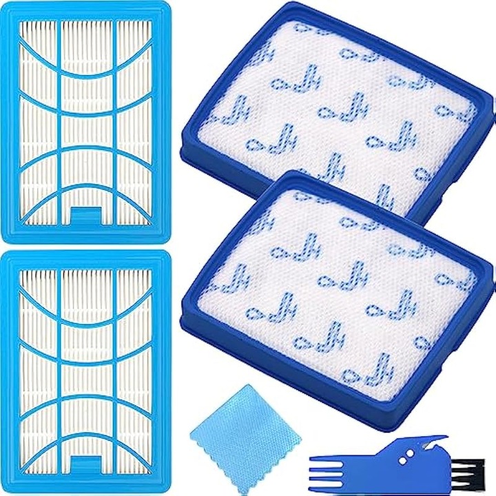 Set 2 bucati filtre pentru aspirator Philips PowerPro Expert FC9729/FC9741/FC9742/FC9743/FC9744/FC9745/FC9746, inlocuiesc FC8003/01 FC6042/01, HEPA 13 pentru evacuare si filtru motor, lavabile si reutilizabile, albastru/alb, 2 filtre + perie si laveta