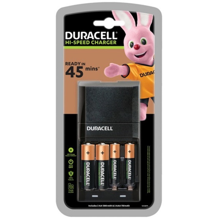 DURACELL akkutöltő, LED jelzés, 4xAA/AAA elem kompatibilis + 2db 750mAh AAA elem + 2db 1300mAh AA elem, fekete