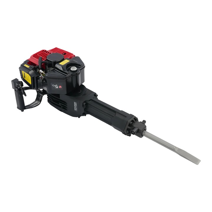 Ciocan demolator pe benzina, Spargator beton, 52 cm³ 2 timpi, 20–55 J, 1900 W, rezervor 1, 3 l, 6500 rpm, dalta ascutita si plata, rosu/negru