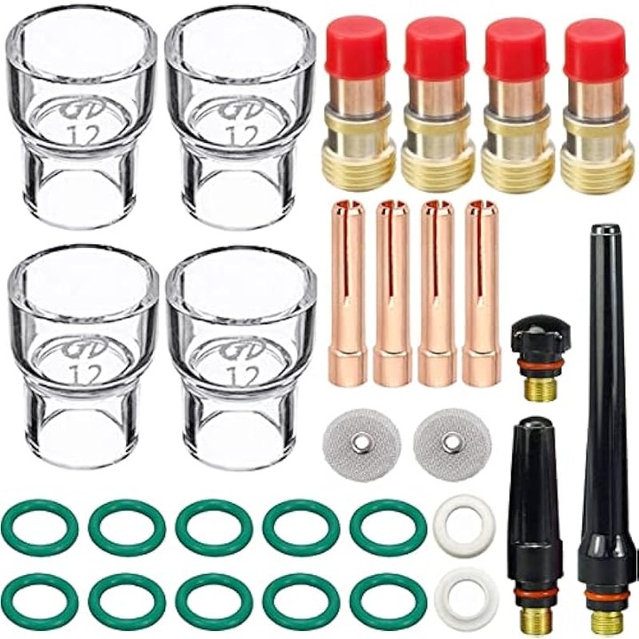 TIG hegesztő tartozék készlet, 29 darab, 2.4mm-es szorítógyűrűk, #12 üvegfúvóka, többszínű
