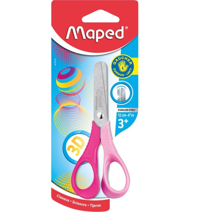 Foarfeca ergonomica Maped Vivo 3D 12 cm, pentru stangaci, materiale rezistente potrivite pentru mainile copiilor, 3 ani+, lame metalice, manere din plastic, metal, roz, SIPEDO®