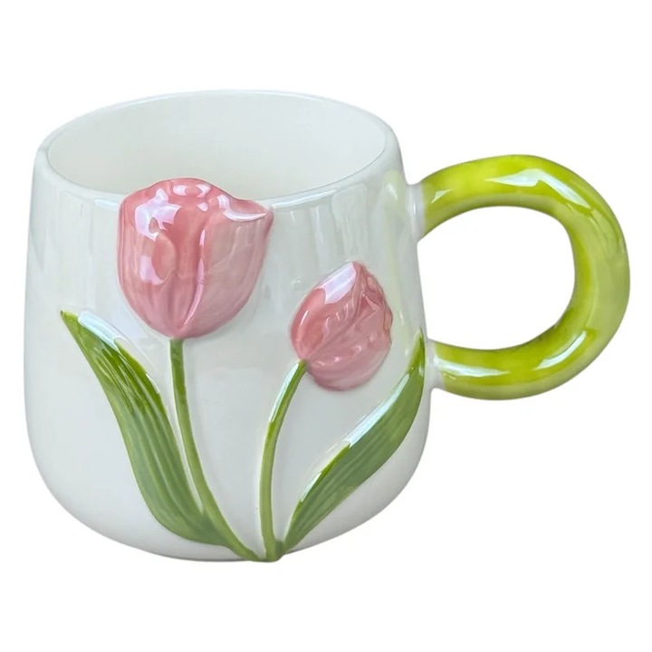 Cana din ceramica „Lalea 3D” alba cu lalele roz si maner verde, 430 ml - Cesti din ceramica