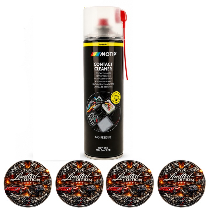 Spray curatare contacte electrice MOTIP Contact Cleaner 500 ml, solutie neconductiva si necoroziva pentru baterii, intrerupatoare, prize, conectori si placi electronice, 4x Stickere auto