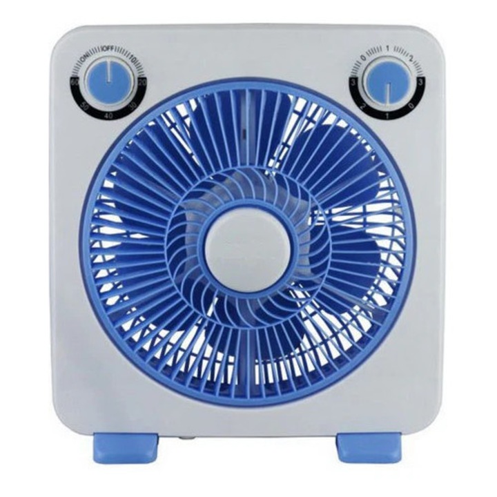 Ventilator Box de Camera si Masa, 3 Viteze, Grila Rotativa, Portabil, Alb/Albastru