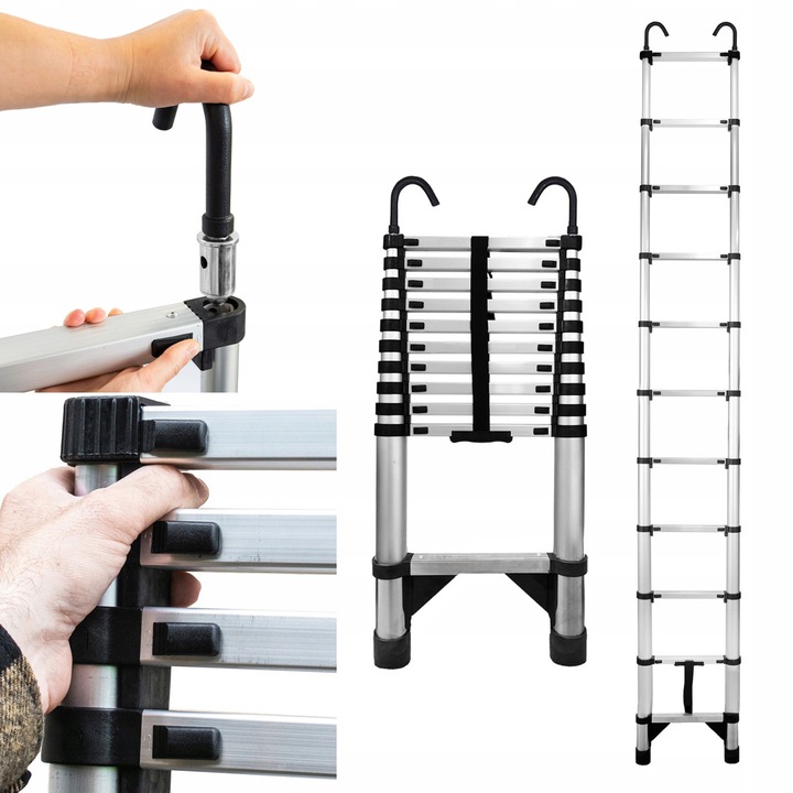 Scara telescopica si carlige, Baulich, 11 trepte, max 320 cm, Otel, Capacitate Maxima 125 kg, Blocare Automata, Picioare antiderapante