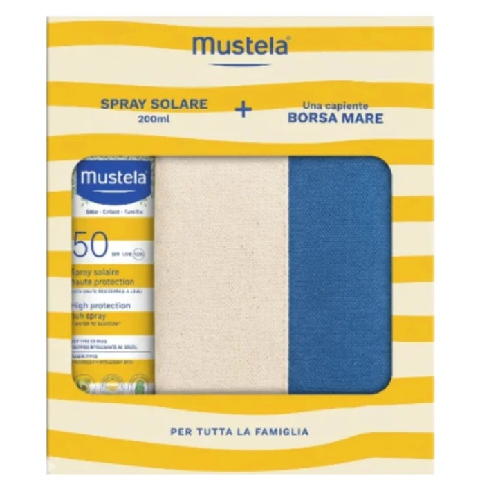 Mustela Spray solar SPF 50 cu protectie ridicata pentru intreaga familie, 200 ml + o geanta mare cadou