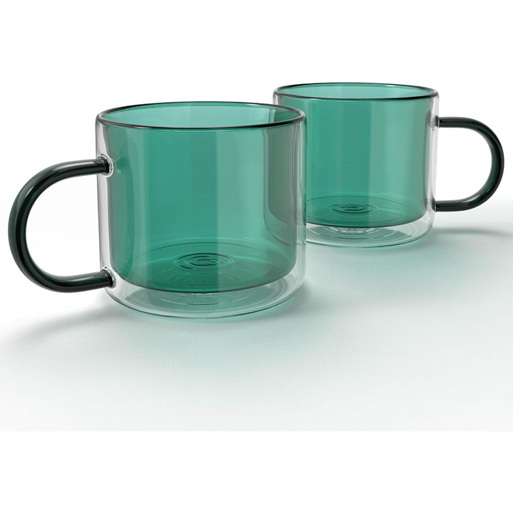 Set 2 cani cafea, sticla borosilicata dublu strat, izolate, 300ml, verde