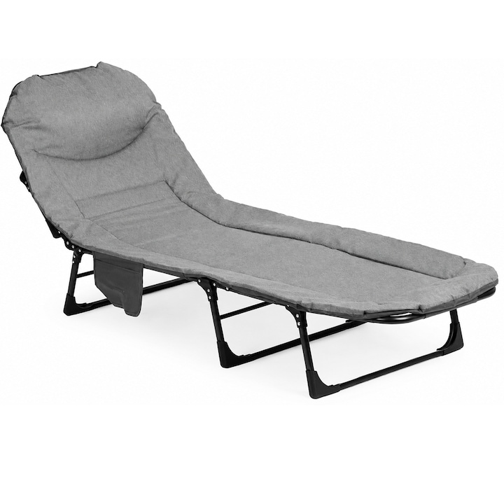 Pat camping pliabil cu tetiera reglabila si buzunar lateral, 65x200x88 cm, gri