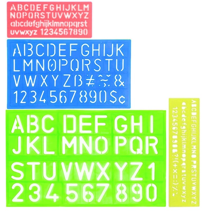 Set sabloane litere, cifre si simboluri, plastic transparent, multicolor, dimensiuni variate