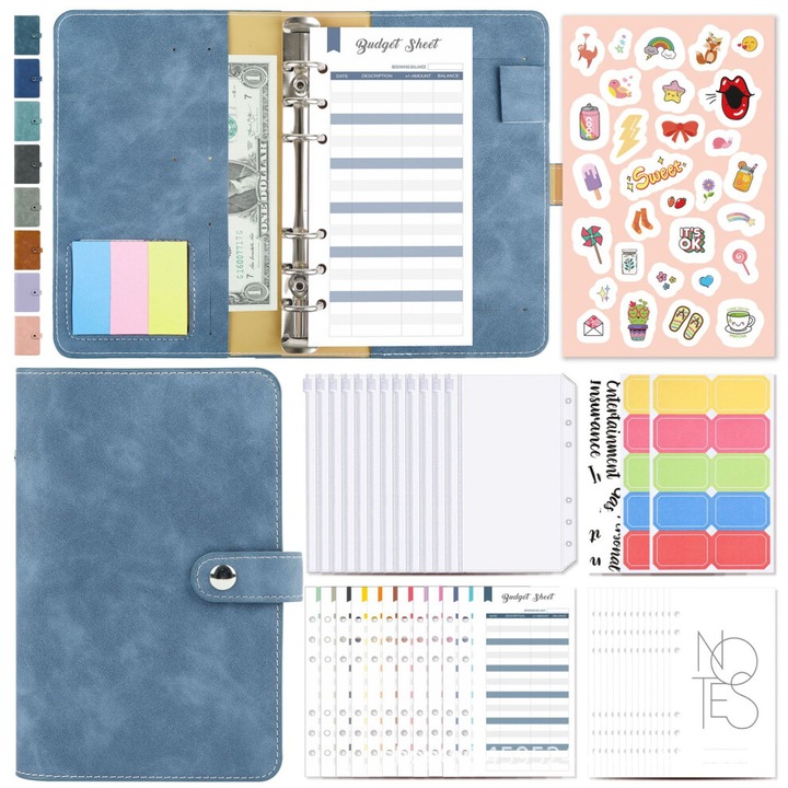 Carnet cu foi mobile, format A6, inchidere cu buton metalic, piele PU, rezistent la abraziune