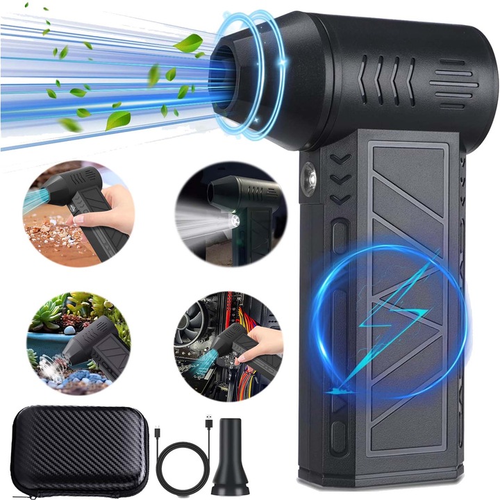 Hordozható sűrített levegős fúvó, Mini turbó fúvó, 130000 RPM, 5000mAh, 4 fokozat, Fényekkel, USB, Vezeték nélküli, Alacsony zajszint, hatékony, Szénfúvás, ipari por eltávolítása, füstelszívás, billentyűzetek tisztítása, autók tisztítása, Fekete