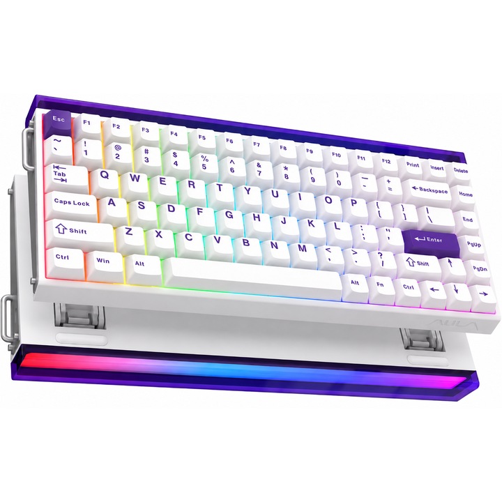 Tastatura gaming magnetica AULA HERO 84 HE, бяло-виолетова, 75%, 84 клавиша, суичове Black Emperor Hall Effect, Rapid Trigger, 8000Hz, USB-C, RGB, hot-swap, метален бутон, gasket