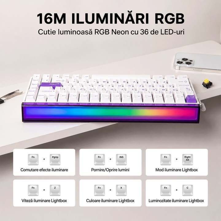 Tastatura gaming magnetica AULA HERO 84 HE, бяло-виолетова, 75%, 84 клавиша, суичове Black Emperor Hall Effect, Rapid Trigger, 8000Hz, USB-C, RGB, hot-swap, метален бутон, gasket
